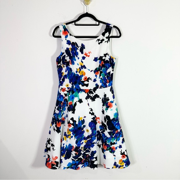 Betsey Johnson Dresses & Skirts - Betsey Johnson White Floral Midi Dress with Blue, Black & Multicolor Print